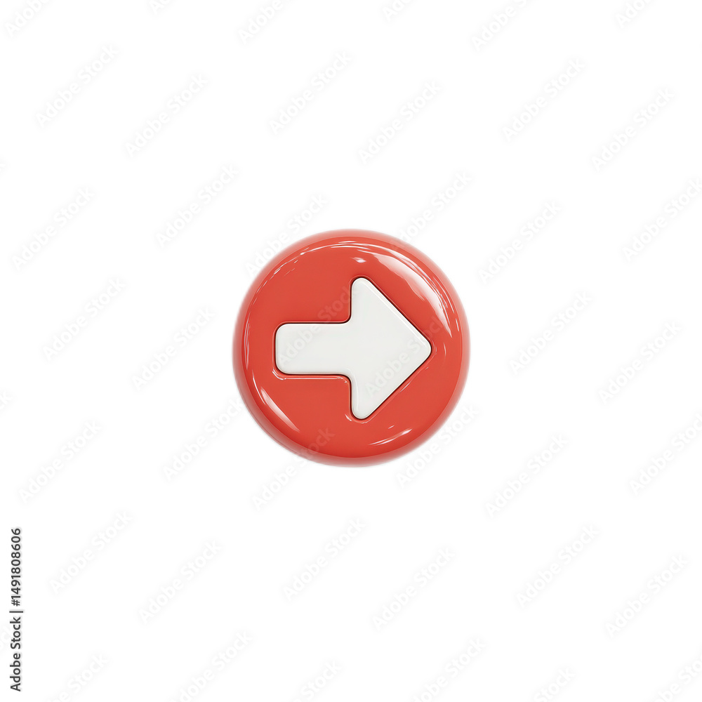 Poster red circle glossy button with white right arrow navigation icon graphic design element
