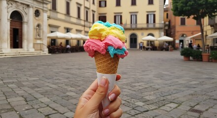 Female hand holding an ice cream cone, food and travel destination concept