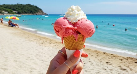 Female hand holding an ice cream cone, food and travel destination concept