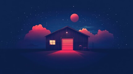 Night scene of a illuminated barn with open garage door under a red moon and starry sky.