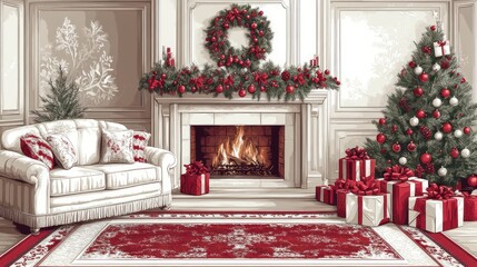 Cozy Christmas fireplace living room, presents, holiday decor, festive ambiance, winter home design