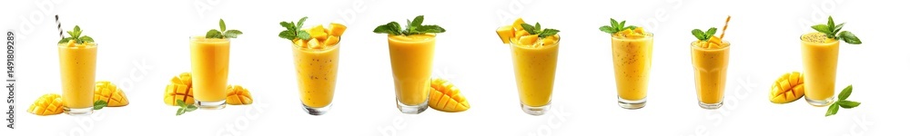 Poster set of arrangement of multiple mango smoothies in glasses. isolated on transparent background