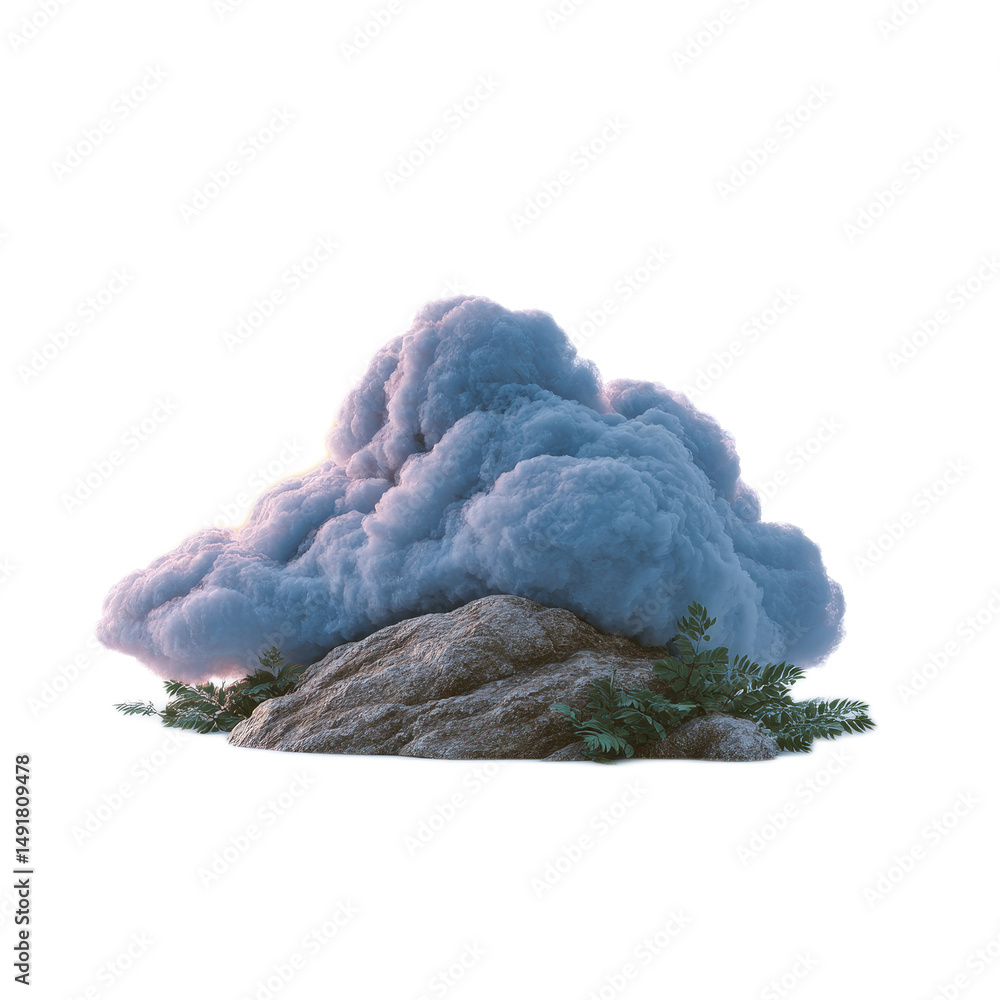 Poster surreal 3d render of a fluffy cloud resting on a rocky surface with lush greenery