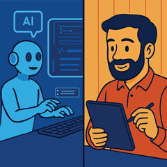 AI Developer Collaboration with Male Designer Vector Illustration