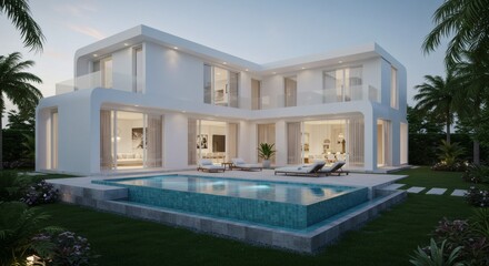Exterior of modern minimalist white villa with swimming pool.