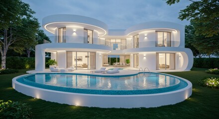 Exterior of modern minimalist white villa with swimming pool.