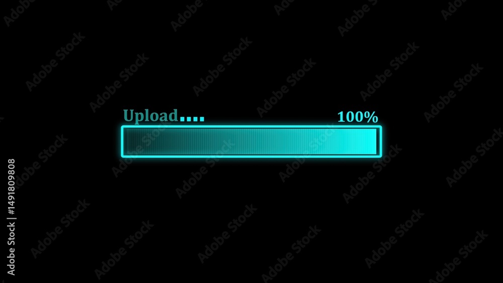 Poster animated digital upload progress bar with cyan glowing effect completing to 100 percent illustrating
