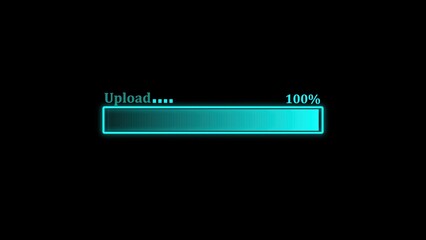 Animated digital upload progress bar with cyan glowing effect completing to 100 percent illustrating digital process completion and data transfer