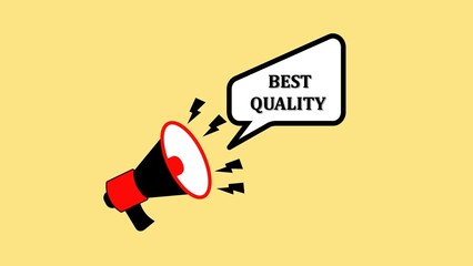 A loudspeaker broadcasting best quality with lightning bolts and speech bubble on a yellow background depicting promotion