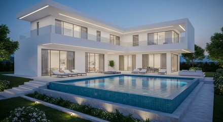 Exterior of modern minimalist white villa with swimming pool.