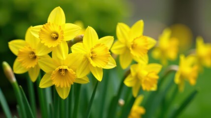 Fototapeta premium Vibrant Yellow Daffodils Blooming in a Lush Green Garden, Symbolizing Springtime Renewal and Natural Beauty