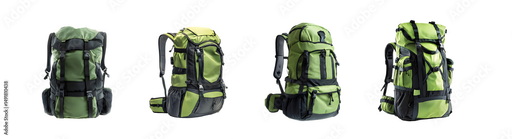 Poster set of hiking backpacks displayed in a horizontal row. isolated on transparent background