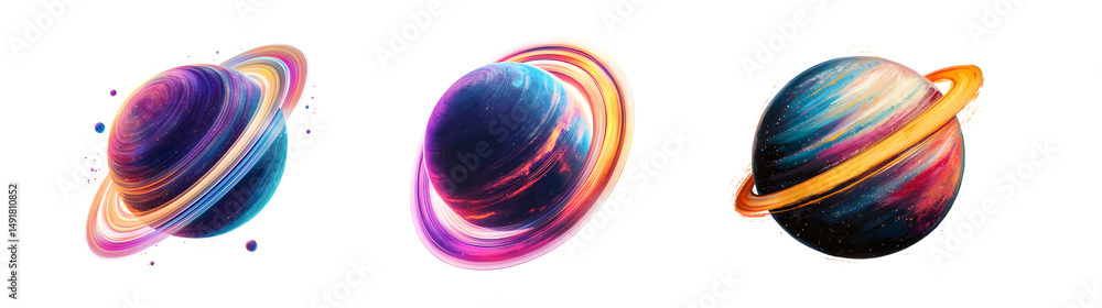Poster set of colorful space planets with rings in a digital art style. isolated on transparent background