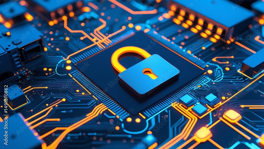 Poster digital cybersecurity concept depicting a glowing padlock symbol on a futuristic computer circuit bo