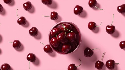 Fresh cherries scattered around a bowl of cherries on a pink background