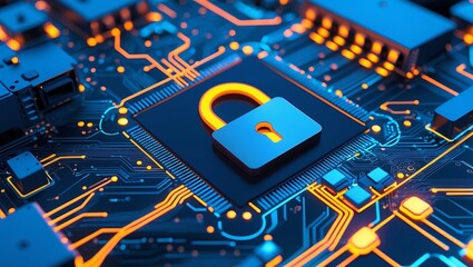 Digital cybersecurity concept depicting a glowing padlock symbol on a futuristic computer circuit board