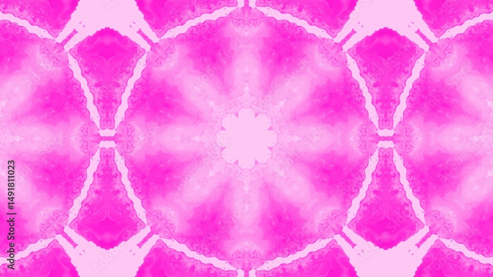 Poster abstract kaleidoscope design in shades of pink featuring symmetrical watercolor patterns and creativ