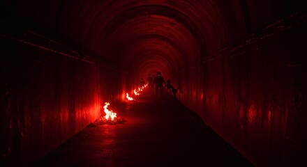 darkness tunnel. Melancholic dark background.. cinematic, flames, and red light, horror creatures