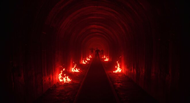 darkness tunnel. Melancholic dark background.. cinematic, flames, and red light, horror creatures