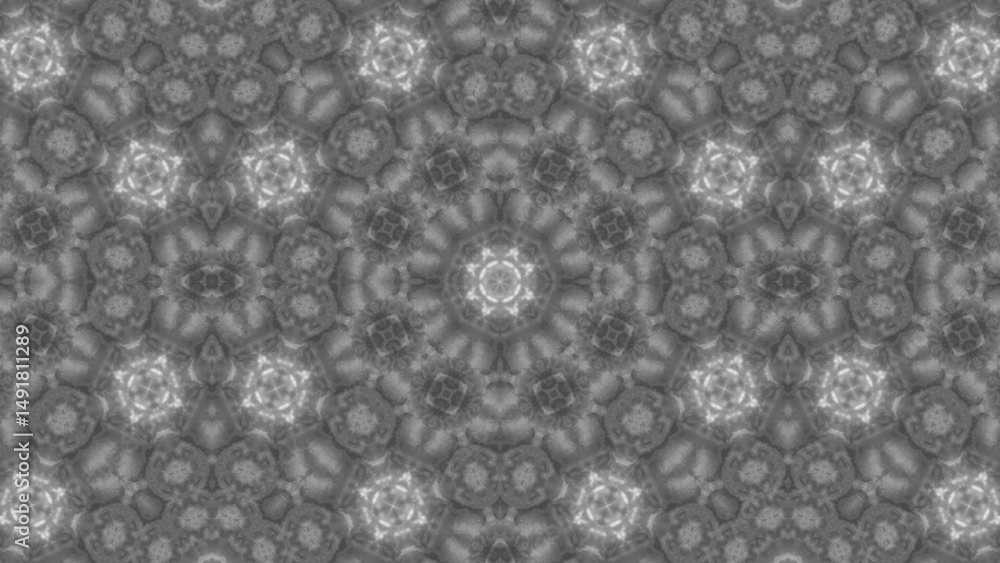 Poster abstract grayscale mandala illustration featuring intricate symmetrical geometric pattern composed o
