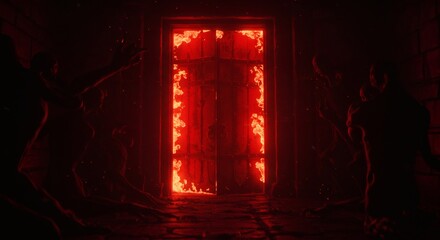 darkness door red and black cinematic, flames, horror, creatures sinister atmosphere