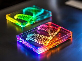A model of DNA structures with glowing molecular strands, created by quantum simulations in a biotech lab.