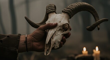 close-up in hand holding a goat skull pagan ritualistic