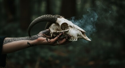 close-up in hand holding a goat skull pagan ritualistic