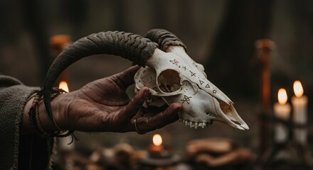 close-up in hand holding a goat skull pagan ritualistic