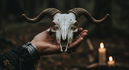 close-up in hand holding a goat skull pagan ritualistic