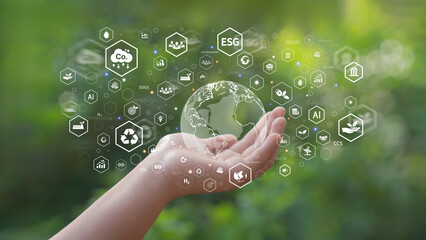 ESG Concepts in Hand for Environmental, Social and Governance in Sustainable and Ethical Business Operations and Net Zero Carbon Emission Technologies Environmental Organizations Sustainable Developme