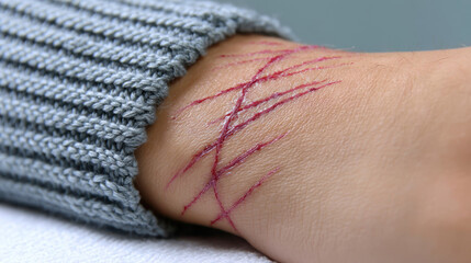 Fototapeta premium Scar removal and healing process on wrist skin with red marks and textured surface showing natural recovery