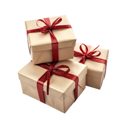 Obraz premium Three wrapped gifts with red ribbons stacked together a holiday surprise