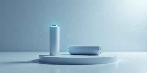 Cylindrical power cells on a minimalist display platform, showcasing clean energy technology