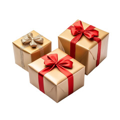 Obraz premium Three gold gift boxes with red and gold ribbons bows a festive holiday surprise