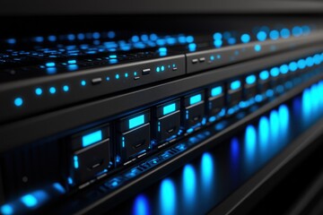 Naklejka premium Close-up of server rack with glowing blue lights