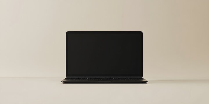 Neutral backdrop displays a dark laptop.