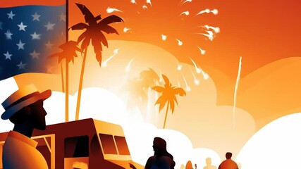 Silhouette Crowd Watching Fireworks at Sunset, Palm Trees and American Flag - Powered by Adobe