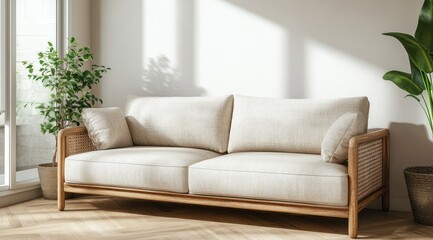 Modern beige sofa in a sun-drenched room with potted plant