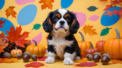 Adorable Cavalier King Charles Spaniel Puppy Surrounded by Autumnal Decorations on a Cheerful Yellow Backdrop