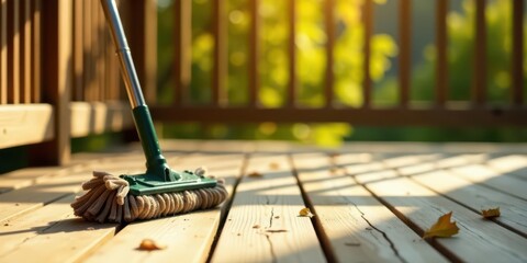 Outdoor Deck Cleaning A Sunlit Spring Cleaning Scene with a Bristle Brush