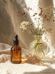 Amber glass dropper bottle of oil sits on beige fabric next to a clear glass vase of dried wildflowers in sunlit setting