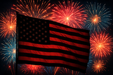 Patriotic fireworks display with american flag for independence day Memorial Day, Independence Day, Labor Day and Veteran Day background