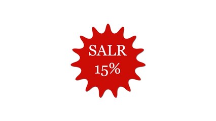 A vibrant red burst-shaped sale tag highlighting a fifteen percent discount on a clean white background perfect for marketing promotions.