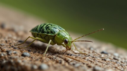 Close-up of a tiny, green beetle