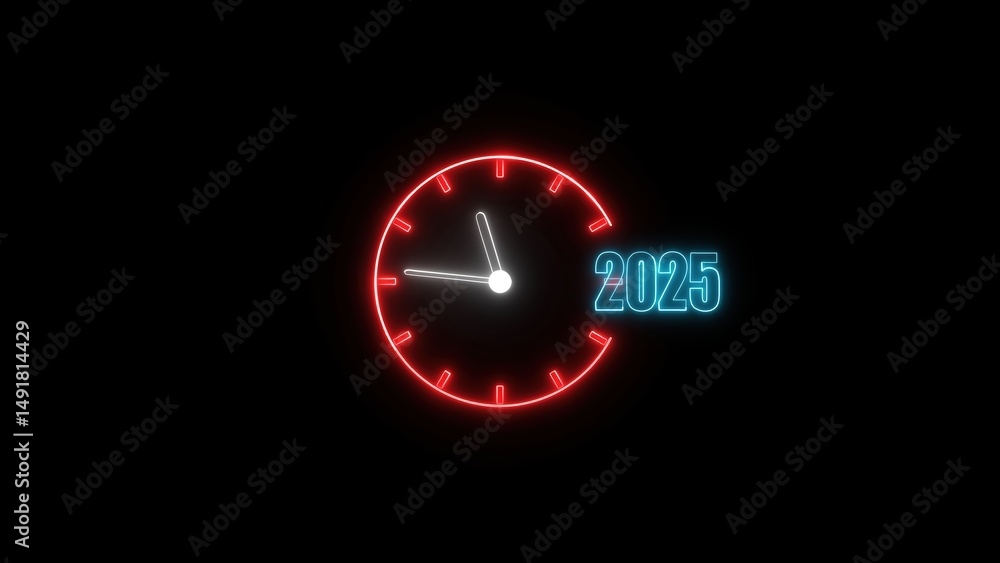 Poster neon clock counting down to 2025 on a black background depicting time passing and the concept of a n