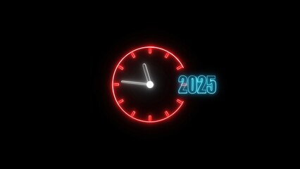 Neon clock counting down to 2025 on a black background depicting time passing and the concept of a new year futuristic design