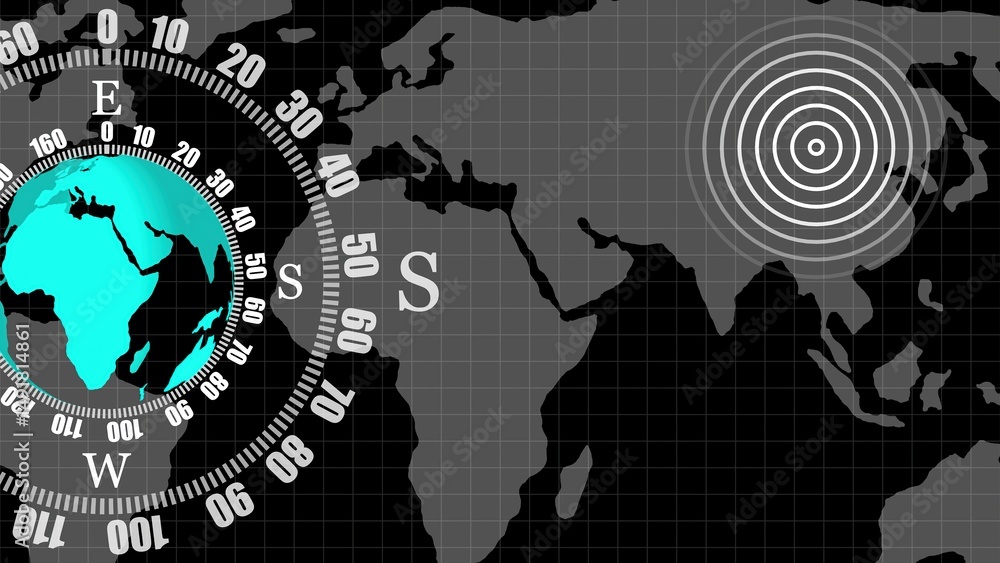 Poster abstract digital graphic depicting a globe and seismic activity overlaid on a stylized map of the wo