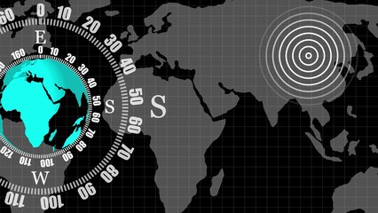 Abstract digital graphic depicting a globe and seismic activity overlaid on a stylized map of the world with concentric circles.