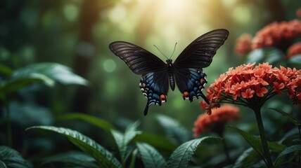 Butterfly on flower, lush jungle
